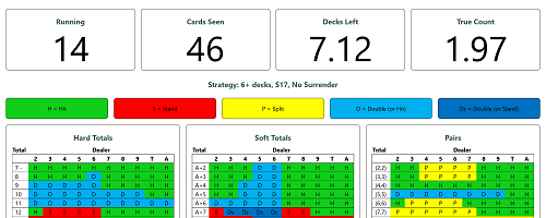 Screenshot of the blackjack card counting tool