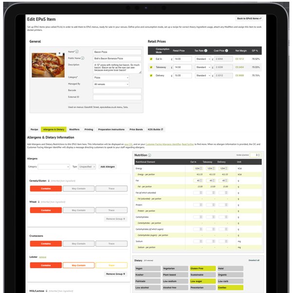 Allergen and nutrition information being set against a menu item in Kobas