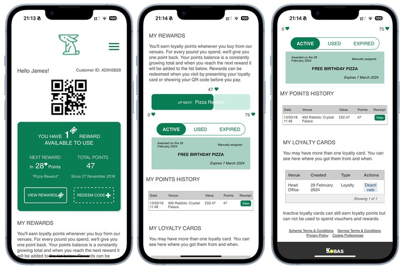 The Kobas customer loyalty app running on three phones